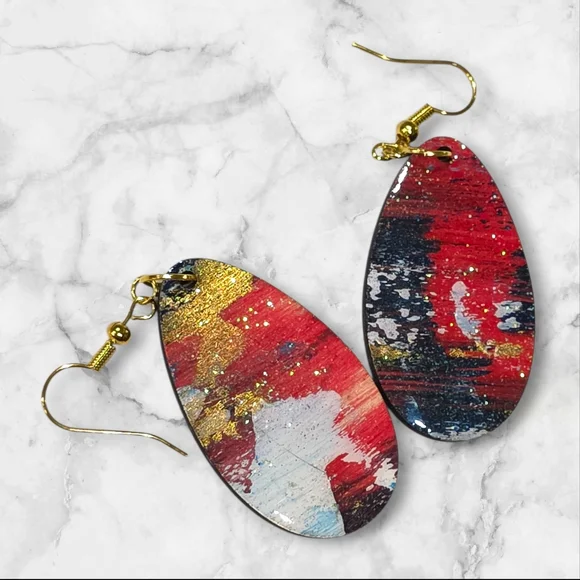 Americana Red White Blue Abstract Earrings Handmade Hand Crafted E015 - Picture 6 of 6